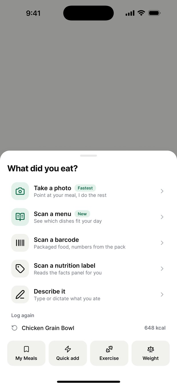 The KalTrack log sheet: take a photo, scan a menu, scan a barcode, scan a nutrition label, describe it