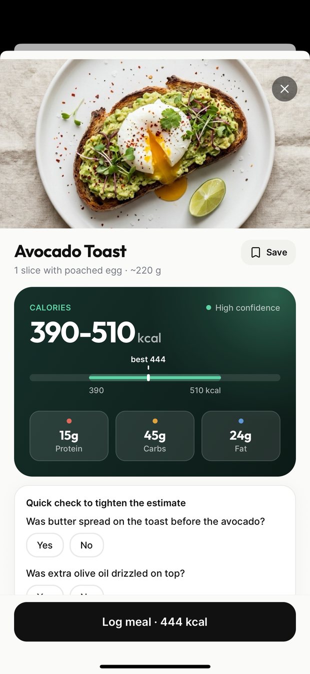 KalTrack result for avocado toast: 390 to 510 kcal with a best guess of 444, macros, and a quick question to tighten the estimate